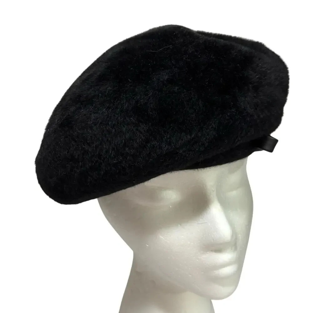 Vintage Mid Century Marche Exclusive beret cap hat black fuzzy warm size 23